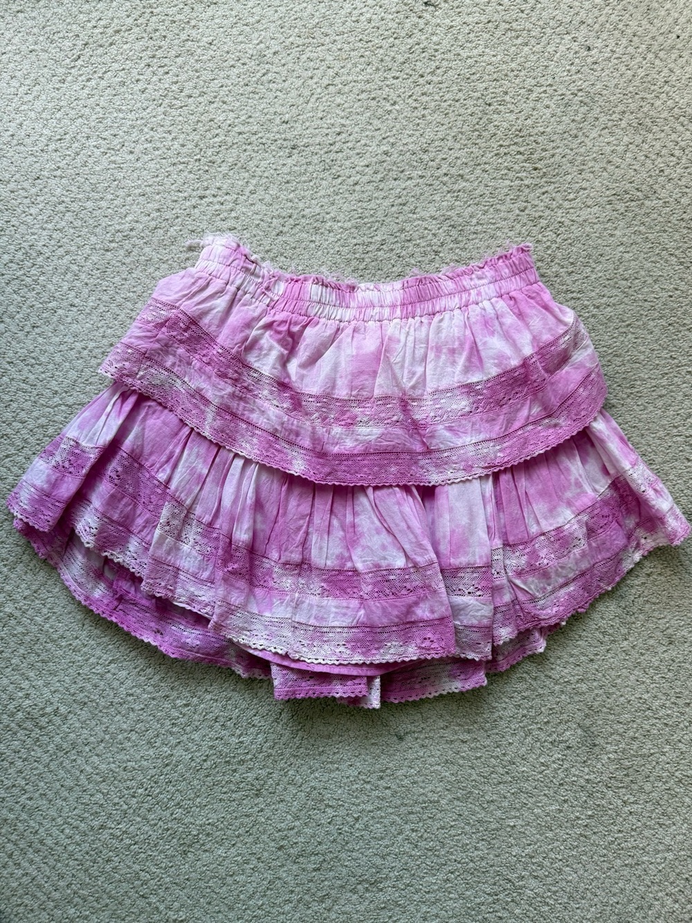 LoveShackFancy Begonia Hand Dye Tiered Mini Skirt with Lace Hems size S
